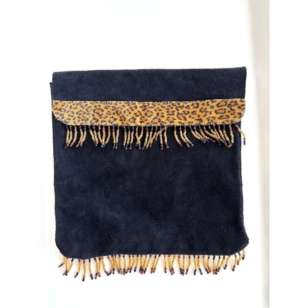 Black Suede‎ Leopard Print Beaded Fringe Foldover Clutch